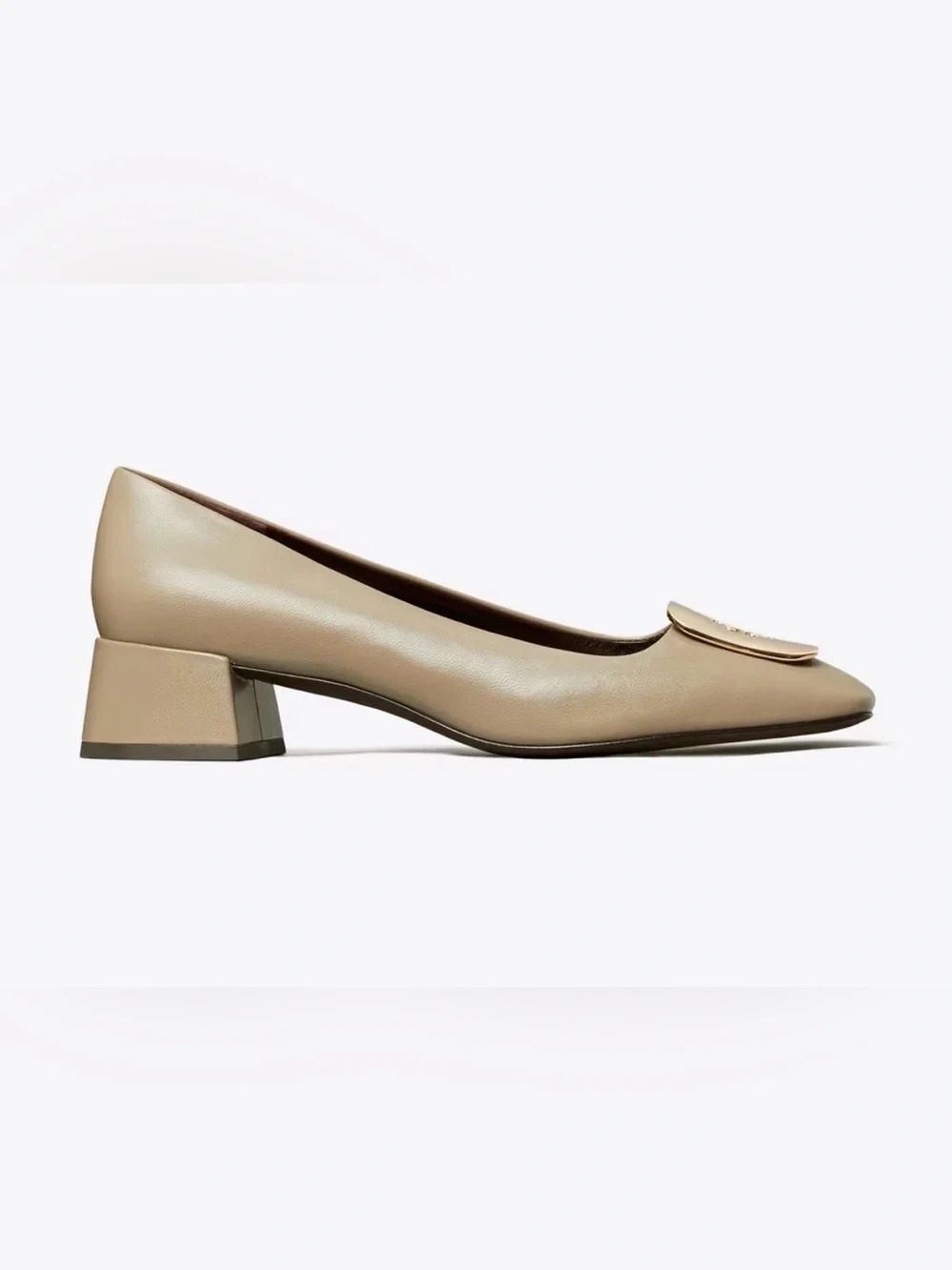 Tory Burch Taupe Leather Georgia Block Heel Flats with Gold Emblem